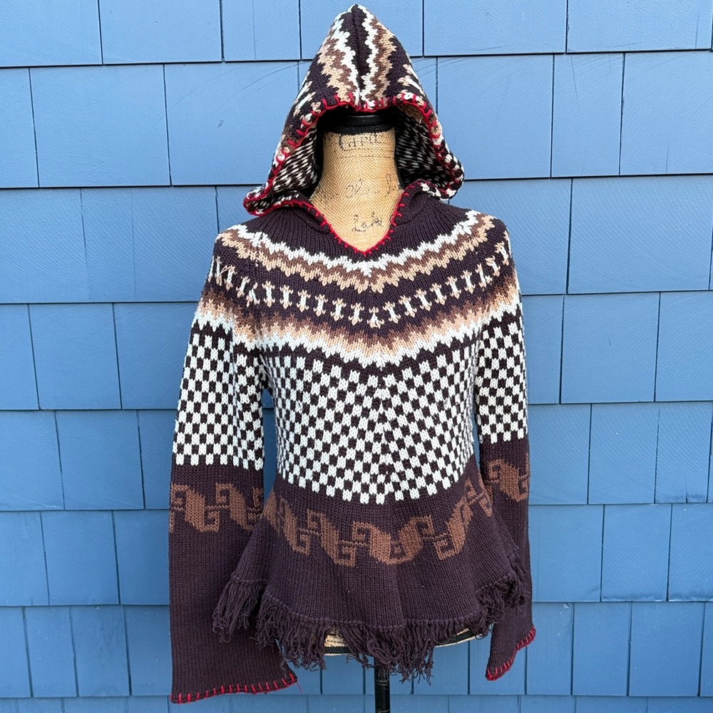Hooded Geometric Pattern Sweater - Brown and Cream vintage style
